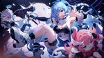  3girls armpits asc11 asymmetrical_gloves bare_shoulders black_gloves blue_eyes blue_hair braid breasts chibi chinese_commentary cleavage closed_mouth commentary commentary_request gloves hair_ornament highres holding holding_microphone_stand honkai_(series) honkai_impact_3rd horns long_hair looking_at_viewer mechanical_tail microphone microphone_stand mismatched_gloves multiple_girls one_eye_closed open_mouth pink_hair ponytail prometheus_(honkai_impact) rozaliya_olenyeva shigure_kira siblings single_horn single_thighhigh sisters smile tail thighhighs white_footwear 