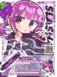  1girl :o abstract_background absurdres ad black_hoodie blunt_bangs blush border braided_hair_rings drawstring electronic_cigarette english_text food fruit grapes hat highres holding holding_pointer hood hood_down hoodie lab_coat long_sleeves looking_at_viewer mortarboard multiple_views outline outside_border pointer print_hoodie product_placement purple_background purple_eyes purple_hair qr_code raised_eyebrows richard_(richaball) slash_vape smoke smoking translation_request white_border white_outline 