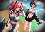  2girls absurdres ahoge arm_tattoo azur_lane ball baltimore_(azur_lane) baltimore_(black_ace)_(azur_lane) bandaid bandaid_on_leg bare_shoulders bench black_choker black_shorts blue_sky blush bottle braid breasts bremerton_(azur_lane) bremerton_(scorching-hot_training)_(azur_lane) brown_hair chain-link_fence chest_tattoo choker cleavage cloud collarbone commentary_request covered_nipples crop_top day dutch_angle fence flower_tattoo french_braid green_skirt grey_hair hair_between_eyes hair_intakes hair_ornament hand_up heart heart_necklace highres holding holding_bottle jewelry kneeling large_breasts long_hair looking_at_viewer midriff mole mole_on_breast mole_under_eye multicolored_hair multiple_girls navel necklace off_shoulder official_alternate_costume on_bench outdoors parted_lips pink_eyes pink_hair shadow shirt shoes short_hair short_shorts shorts shoulder_tattoo sidelocks skirt sky sleeveless sleeveless_shirt smile sneakers sports_bra sportswear standing stomach_tattoo streaked_hair sweat tattoo tennis_ball tennis_court tennis_uniform twintails two-tone_hair two-tone_shirt two-tone_skirt watari_laboratory water_bottle wet wet_bra wet_clothes wet_shirt white_shirt white_skirt white_sports_bra wristband x_hair_ornament yellow_eyes 