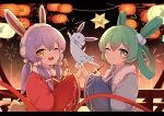  2girls ;d animal_ears aqua_eyes aqua_hair blue_kimono closed_mouth commentary_request fake_animal_ears fireworks food hands_up hatsune_miku highres holding holding_food japanese_clothes kimono lantern looking_at_viewer multiple_girls night one_eye_closed open_mouth paper_lantern purple_hair rabbit rabbit_ears red_kimono smile upper_body vocaloid wide_sleeves xingchen yellow_eyes zhayin-san 