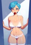  1girl absurdres artist_name blue_eyes blue_hair bra breasts bulma condom condom_in_mouth cowboy_shot dragon_ball dragon_ball_(classic) highres lingerie looking_at_viewer mature_female mouth_hold navel panties satelyte short_hair simple_background smile solo thick_thighs thighs underwear white_bra white_panties 