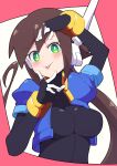  1girl absurdres aile_(mega_man_zx) blush breasts brown_hair buzzlyears closed_mouth green_eyes highres large_breasts long_hair looking_at_viewer mega_man_(series) mega_man_zx smile solo tongue tongue_out upper_body 