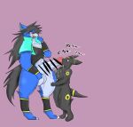  anthro arm_warmers armwear balls big_breasts black_body black_fur black_hair black_tail blue_body blue_fur bodily_fluids bottomless breasts canid canine canis censored clothed clothing drooling duo eeveelution erection fellatio female fingers fur generation_2_pokemon genitals hair hi_res isamaki_kaido isamaki_kaido_ch jacket male male/female mammal nintendo open_mouth oral penile penis pokemon pokemon_(species) red_eyes saliva sex shirt simple_background smile tail tank_top topwear topwear_only umbreon white_body white_fur white_penis wolf 