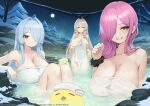  3girls absurdres andrea_doria_(azur_lane) azur_lane bare_shoulders bird black_ribbon black_scrunchie blue_hair blush breasts chick cleavage collarbone commentary_request covering covering_breasts drill_hair drill_sidelocks forest full_moon green_eyes grey_hair grin groin hair_between_eyes hair_down hair_intakes hair_over_one_eye hair_ribbon hand_up highres large_breasts looking_at_viewer manjuu_(azur_lane) moon multiple_girls naked_towel nature night official_alternate_costume official_art onsen outdoors partially_submerged purple_eyes purple_hair ribbon romana scrunchie sidelocks sitting smile snow standing teeth towel towel_on_head trento_(azur_lane) trieste_(amore_termico)_(azur_lane) trieste_(azur_lane) wet wrist_scrunchie 