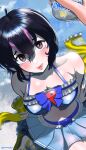  1girl aburaeoyaji bare_shoulders beach black_hair blush headphones highres humboldt_penguin_(kemono_friends) kemono_friends kemono_friends_v_project looking_at_viewer multicolored_hair navel open_mouth penguin_girl purple_hair red_eyes ribbon short_hair summer swimsuit two-tone_hair virtual_youtuber 