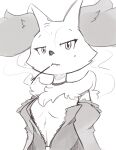  anthro beauty_mark braixen breasts choker cleavage clothed clothing cute_fangs facial_tuft female fire full_cleavage generation_6_pokemon greyscale hi_res inner_ear_fluff inner_side_boob jewelry looking_at_viewer monochrome necklace nintendo nipple_outline off_shoulder open_clothing open_topwear pokemon pokemon_(species) ruff simple_background small_mouth smoke smoking snaggle_tooth solo the_art_manor topwear tuft unimpressed ventral_groove white_background zipper zipper_down 