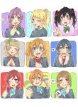  6+girls absurdres anger_vein ayase_eli black_hair blazer blonde_hair blue_bow blue_bowtie blue_eyes blue_hair blue_jacket blush bow bowtie brown_hair cardigan closed_mouth collared_shirt commentary_request dress_shirt everyone food green_bow green_bowtie green_eyes hair_bow hair_ornament hair_scrunchie heart highres hoshizora_rin jacket kashikaze koizumi_hanayo kousaka_honoka long_hair long_sleeves love_live! love_live!_school_idol_project low_twintails lower_teeth_only medium_hair minami_kotori multiple_girls nishikino_maki one_eye_closed one_side_up onigiri open_mouth orange_hair otonokizaka_school_uniform outline pink_cardigan pointing ponytail purple_eyes purple_hair purple_scrunchie red_bow red_bowtie red_hair school_uniform scrunchie shirt short_hair smile sonoda_umi spoken_anger_vein spoken_heart spoken_squiggle squiggle star_(symbol) steepled_fingers striped striped_bow striped_bowtie sweatdrop teeth tongue tongue_out toujou_nozomi twintails upper_body white_outline white_scrunchie white_shirt yazawa_nico yellow_bow yellow_eyes 