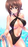  1girl artist_name blush breasts brown_eyes brown_hair eyebrows_hidden_by_hair girls_und_panzer highres kamogawa_tanuki large_breasts midriff navel nishizumi_maho pink_nails pool_ladder short_hair sidelocks slingshot_swimsuit solo swimsuit underboob water 