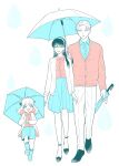  1boy anya_(spy_x_family) black_hair breasts closed_umbrella hairband highres holding holding_umbrella husband_and_wife long_hair long_sleeves open_mouth outdoors rain shared_umbrella shirt simple_background smile spy_x_family sunbo_zatta twilight_(spy_x_family) umbrella yor_briar 