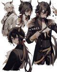  2boys :o absurdres animal_ears arknights ascot baton_(conducting) black_bow black_bowtie black_hair black_jacket black_pants black_shirt black_suit bow bowtie closed_mouth collared_shirt commentary cowboy_shot dice ebenholz_(arknights) ebenholz_(eine_variation)_(arknights) epaulettes frown gloves goat_boy goat_ears goat_horns hair_between_eyes highres holding holding_wand horns jacket kodama_masaki kreide_(arknights) long_hair long_sleeves looking_at_viewer male_focus multiple_boys multiple_views official_alternate_costume open_mouth pants ponytail portrait purple_eyes shirt simple_background suit suit_jacket sweatdrop upper_body wand white_ascot white_background white_gloves white_hair white_jacket white_pants white_shirt white_suit 
