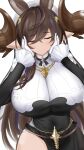  1girl animal_ears blush breasts brown_hair commission detached_sleeves frilled_sleeves frills galleon_(granblue_fantasy) granblue_fantasy hands_on_own_face highres horns huge_breasts long_hair multicolored_hair nuclear82 pointy_ears smile solo streaked_hair very_long_hair 