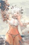  1girl absurdres arknights bikini breasts brown_eyes cleavage cowboy_shot grey_sky hand_up highres huibai_bri large_breasts looking_at_viewer medium_hair navel open_mouth outdoors overcast owl_ears ptilopsis_(arknights) sky solo stomach swimsuit thigh_gap wading water waving white_bikini white_hair 