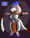  2021 anthro armor armored_tail biped blue_clothing breasts claws clothing dragon english_text eyelashes female grey_armor hi_res juna_june_(lizzyglizzy) lizzyglizzy orange_clothing purple_body purple_claws purple_scales purple_spikes red_clothing scales scalie smile solo spikes spikes_(anatomy) t-pose tan_body tan_scales text white_armor yellow_eyes 