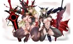 2girls abs areola_slip artoria_pendragon_(fate) artoria_pendragon_(lancer_alter)_(fate) bare_shoulders black_sclera blonde_hair blood braid breasts cape chain closed_mouth colored_sclera commentary_request fairy_knight_gawain_(fate) fate/grand_order fate_(series) french_braid gauntlets gloves greatsword green_eyes hair_between_eyes heterochromia highres holding holding_sword holding_weapon horns huge_breasts injury lance large_breasts long_hair looking_at_viewer multiple_girls muscular muscular_female navel polearm red_cape red_eyes shiriya simple_background sword thighhighs thighs torn_clothes weapon white_background yellow_eyes 