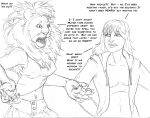  amanda_(tcitw) anthro arania armadillo_girdled_lizard clothed clothing dialogue duo english_text felid female fur girdled_lizard hair hi_res hoodie jack_(tcitw) lion lizard male mammal midriff navel nipple_outline open_clothing open_mouth open_shirt open_topwear pantherine reptile scalie shirt text the_cabin_in_the_woods_(arania) topwear whiskers 