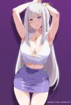  1girl absurdres alternate_costume armpits arms_behind_head arms_up artist_name bracelet breasts cedric_(gear_art) cleavage contemporary cropped_shirt emilia_(re:zero) highres jewelry large_breasts lips long_hair looking_at_viewer navel parted_lips pendant pointy_ears purple_background purple_eyes purple_skirt re:zero_kara_hajimeru_isekai_seikatsu shirt simple_background skirt sleeveless sleeveless_shirt slit_pupils solo standing white_shirt 
