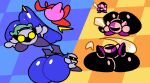  2023 accessory big_butt black_body blue_background blue_body butt butt_slap checkered_background clothing digital_media_(artwork) duo gloves handwear headband holding_object holding_sword holding_weapon huge_butt kirby kirby_(series) looking_back male mask melee_weapon meta_knight nintendo pattern_background pink_body red_headband simple_background sitting sitting_on_ground slap superiorfox surprise surprised_expression sword thick_thighs waddling_head weapon wings yellow_background yellow_eyes 