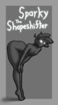  absurd_res ambiguous_gender bent_over butt glowing glowing_eyes glowing_text hair hi_res humanoid looking_at_viewer shape_shifter simple_background solo sparky- thick_thighs 