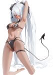  1girl alpha_(ypalpha79) armpits ass_visible_through_thighs bikini black_bikini black_choker blue_archive blush breasts choker dark-skinned_female dark_skin eyewear_on_head grey_hair hair_over_one_eye halo highres iori_(blue_archive) iori_(swimsuit)_(blue_archive) long_hair looking_at_viewer multi-strapped_bikini navel pointy_ears red_eyes solo string_bikini swimsuit tail thigh_strap twintails very_long_hair 