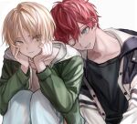  2boys amagi_hiiro aqua_eyes black_shirt blonde_hair closed_mouth commentary_request ensemble_stars! green_eyes hands_on_own_face hood hood_down jacket knees_up long_sleeves male_focus multiple_boys muuyiie one_eye_closed open_clothes open_jacket red_hair shiratori_aira_(ensemble_stars!) shirt short_hair teeth white_background 