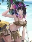  1girl arknights armlet beach bikini black_bikini blue_eyes eunectes_(arknights) flower goggles goggles_on_head highres pointy_ears revision sankichi_(croquette_crab) snorkel summer swimsuit tail thighs 