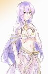  1girl alternate_costume bare_shoulders breasts circlet cleavage fire_emblem fire_emblem:_genealogy_of_the_holy_war highres julia_(fire_emblem) long_hair medium_breasts purple_eyes purple_hair smile solo swimsuit touri_01 white_swimsuit 