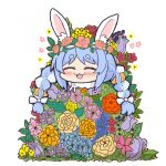  1girl animal_ears blue_flower blue_hair blush_stickers bow braid closed_eyes flower hololive leaf long_hair matarou_(matarou072) midsommar open_mouth pink_flower purple_flower rabbit_ears rabbit_girl red_flower solo twin_braids usada_pekora white_background white_bow yellow_flower 