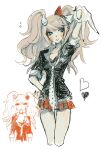  2girls arm_up bear_hair_ornament black_shirt blonde_hair blush bow choker collared_shirt cosplay danganronpa:_trigger_happy_havoc danganronpa_(series) enoshima_junko enoshima_junko_(cosplay) flying_sweatdrops freckles grey_eyes hair_ornament hand_on_own_hip heart highres ikusaba_mukuro miniskirt multiple_girls necktie plaid plaid_skirt rabbit_hair_ornament red_bow red_nails shirt shirt_bow skirt sleeves_rolled_up smile subaru_(user_tmwv7722) swept_bangs twintails v white_background white_bow white_necktie 