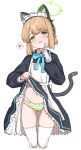  1girl absurdres animal_ear_headphones animal_ears ass_visible_through_thighs black_skirt blonde_hair blue_archive blush cat_ear_headphones clothes_lift commentary_request fake_animal_ears fake_tail green_halo green_panties halo headphones heart highres kaito_(kaito921125) lifted_by_self looking_at_viewer midori_(blue_archive) midori_(maid)_(blue_archive) open_mouth panties short_hair simple_background skirt skirt_lift smile solo spoken_heart striped striped_panties tail thighhighs underwear white_background white_thighhighs 