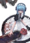  1boy 1girl absurdres apron black_gloves black_pants black_socks blood blood_on_clothes blood_on_dress blood_on_weapon blue_hair blunt_bangs blunt_ends blush bow bowtie circle_skirt closed_mouth dress dress_shoes gloves greatsword hand_on_blade headphones high_collar highres holding holding_sword holding_weapon looking_at_object looking_down magan0301 maid maid_apron maid_headdress murder on_ground original out_of_frame pants pool_of_blood puffy_short_sleeves puffy_sleeves purple_eyes red_bow red_bowtie short_sleeves single_glove socks sword underbust weapon 