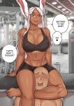  1boy 1girl animal_ears bare_arms bare_legs bare_shoulders barefoot black_shorts black_sports_bra blush boku_no_hero_academia breasts cleavage collarbone dark-skinned_female dark_skin english_text faceless faceless_male feet gym head_between_thighs large_breasts legs long_eyelashes long_hair looking_at_another mirko navel open_mouth parted_bangs patreon_username rabbit_ears rabbit_girl raised_eyebrow red_eyes redjet scissorhold short_shorts shorts sitting smile speech_bubble sports_bra stomach thighs toenails toes toned white_hair 