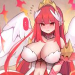  ... 1girl angel_wings blush breasts circlet covered_nipples detached_collar ditienan_ddn feathered_wings flying_sweatdrops frown head_wings large_breasts long_hair millennium_tour negligee nude red_eyes red_hair shy sinkou solo spoken_ellipsis sweat upper_body very_long_hair wavy_mouth white_negligee white_wings wings yellow_background 