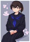  1girl black_hair black_sailor_collar black_serafuku black_shirt black_skirt blue_neckerchief brown_eyes commentary_request feet_out_of_frame flower grey_background hands_on_lap highres kaga_(kancolle) kantai_collection long_skirt looking_at_viewer medium_hair mori_tarou neckerchief pleated_skirt sailor_collar school_uniform serafuku shirt skirt solo translation_request 