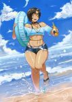  1girl :d absurdres aqua_eyes bare_shoulders beer_bottle belt black_choker black_hair blue_shirt blue_sky bottle choker cloud commentary crop_top dark_skin day delicious_brain denim denim_shorts eyewear_on_head highres holding holding_bottle innertube looking_at_viewer midriff navel ocean off-shoulder_shirt off_shoulder open_mouth original see-through shirt short_hair short_shorts short_sleeves shorts sky smile solo standing standing_on_one_leg stomach sunglasses thighs water white_belt 