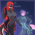  1:1 absurd_res andrea_rossi_(hazardtime) anthro bodysuit cetacean clothing dolphin duo english_text female female/female hair hi_res kitsunewaffles-chan long_hair mammal marine navel oceanic_dolphin orca purple_eyes purple_hair red_hair samantha_stathis short_hair skinsuit text tight_clothing toothed_whale 
