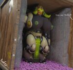 blizzard_entertainment breasts bubble_wrap cleavage clothed clothing crate delivery_(disambiguation) foam hi_res horn machine omnic orisa overwatch package robot stuffing taur 