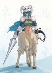  1girl absurdres arrancar black_gloves bleach breasts centaur character_name closed_mouth commentary_request crop_top dark_skin elbow_gloves elbow_pads facial_mark fingerless_gloves full_body gauntlets gloves green_eyes green_hair green_shirt hair_between_eyes highres holding holding_polearm holding_weapon hooves horns horse_tail lance large_breasts long_hair looking_at_viewer monster_girl multiple_legs navel nelliel_tu_odelschwanck polearm rinjirou_(spru4728) shadow shirt shoulder_pads sidelocks skull skull_on_head solo standing stomach tail taur toned torn_clothes torn_shirt weapon white_fur yellow_eyes 