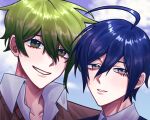  2boys ahoge amami_rantaro brown_eyes brown_sweater cloud collarbone collared_shirt danganronpa_(series) danganronpa_v3:_killing_harmony green_eyes green_hair grey_shirt grin hair_between_eyes highres multiple_boys official_alternate_costume portrait purple_hair ru_nru_n_(kei05972312) saihara_shuichi shirt short_hair smile sweater teeth 