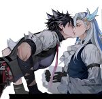  1231_0720 2boys artist_name ascot asymmetrical_bangs bandaged_arm bandaged_neck bandages black_gloves black_hair black_vest blue_eyeshadow blue_hair brooch closed_eyes collared_shirt commentary_request ear_piercing earrings english_commentary eyeshadow frilled_sleeves frills genshin_impact gloves grey_hair hair_between_eyes hair_ornament hands_up holding holding_paper jewelry kiss korean_commentary leaning_forward long_hair long_sleeves looking_at_another makeup male_focus mixed-language_commentary multicolored_hair multiple_boys necktie neuvillette_(genshin_impact) paper parted_bangs parted_lips piercing pointy_ears profile purple_eyes red_necktie scar scar_on_arm shirt short_hair simple_background sleeves_past_wrists sleeves_rolled_up streaked_hair stud_earrings twitter_username vest white_ascot white_background white_hair white_shirt wriothesley_(genshin_impact) yaoi 