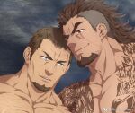 2boys adam&#039;s_apple arm_tattoo bara chest_hair close-up cor_leonis couple cropped facial_hair final_fantasy gladiolus_amicitia goatee hair_slicked_back heads_together konohanaya large_pectorals long_sideburns looking_at_another male_focus mature_male mullet multiple_boys muscular muscular_male pectorals sanpaku scar scar_across_eye seductive_smile short_hair sideburns smile sparse_stubble tattoo thick_eyebrows undercut v-shaped_eyebrows yaoi 