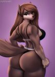  anthro aozee breasts brown_body brown_eyes brown_fur brown_hair butt canid canine canis clothed clothing female fur hair hi_res looking_at_viewer mammal simple_background solo underwear wolf 