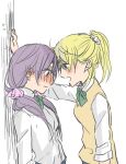  2girls averting_eyes ayase_eli blonde_hair blush bow bowtie breasts brown_sweater_vest closed_mouth collared_shirt commentary_request dress_shirt embarrassed green_bow green_bowtie hair_ornament hair_scrunchie highres kabedon kashikaze long_hair love_live! love_live!_school_idol_project low_twintails medium_breasts multiple_girls one-hour_drawing_challenge open_mouth otonokizaka_school_uniform ponytail purple_hair school_uniform scrunchie shirt simple_background sweatdrop sweater_vest toujou_nozomi twintails upper_body white_background white_scrunchie white_shirt yuri 