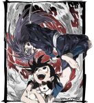  1boy 1girl androgynous barefoot black_hair blush_stickers brown_eyes dog dororo_(character) dororo_(tezuka) hyakkimaru_(dororo) indesign japanese_clothes long_hair open_mouth ponytail prosthesis smile sword weapon 