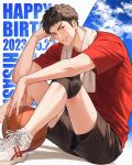  1boy basketball black_eyes black_hair black_shorts character_name dated full_body grin happy_birthday highres looking_at_viewer male_focus mitsui_hisashi red_shirt shirt shoes short_hair short_sleeves shorts slam_dunk_(series) smile sneakers solo teeth towel towel_around_neck umeta_sd v-shaped_eyebrows white_footwear 