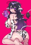  1girl absurdres ahoge animal_ears animal_print arms_behind_back ass barefoot bell belly bikini blush breasts cellphone cleavage collar commentary cow_ears cow_girl cow_print cowbell crawling_dreams curvy gloves gradient_hair highres holding holding_phone horns huge_breasts long_hair looking_back messy_hair multicolored_hair naughty_face navel nyarla_(osiimi) osiimi panties phone plump purple_eyes purple_hair seiza sitting smartphone solo swimsuit tail thick_thighs thighs underwear wide_hips 