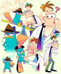  2boys ? animal_ears aqua_pants aqua_skin artist_name black_shirt brown_hair brown_headwear character_name fake_animal_ears fedora hat heinz_doofenshmirtz lab_coat multiple_boys multiple_persona orange_tail otoe_(milkyboy_inc.) pants perry_the_platypus phineas_and_ferb platypus seesaw shirt short_hair 