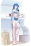  1girl alternate_costume alternate_hairstyle bag bare_legs barefoot blue_bra blue_eyes blue_hair blue_shorts blush bra breasts collarbone collared_shirt commentary_request cup eyelashes feet full_body hands_up head_tilt heel_up highres holding holding_cup hololive hoshimachi_suisei indoors kinoko_(shikimylove) legs long_hair long_legs long_sleeves looking_at_viewer midriff navel open_clothes open_shirt paper_bag parted_lips shirt short_shorts shorts sidelocks small_breasts solo standing striped striped_bra toenails toes twintails underwear virtual_youtuber white_shirt 