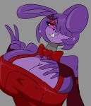  absurd_res accessory anthro armwear big_breasts bonnie_(fnaf) bow_tie breasts buckteeth cleavage clothed clothing crossgender eyelashes eyeshadow female five_nights_at_freddy&#039;s fur gesture grey_background hair hair_accessory hair_over_eye hairclip hand_on_breast hi_res huge_breasts killer._ez lagomorph leporid makeup mammal one_ear_up one_eye_obstructed overalls pink_armwear pink_clothing pink_eyeshadow purple_body purple_fur purple_hair rabbit red_overalls scottgames short_hair simple_background solo teeth v_sign 