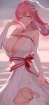  1girl absurdres azur_lane bare_shoulders blurry blurry_background blush breasts bremerton_(azur_lane) bremerton_(joyride_of_love)_(azur_lane) bridal_veil cleavage dress earrings elbow_sleeve flower garter_straps hair_intakes hayato_rikin highres jewelry lace-trimmed_legwear lace-trimmed_thighhighs lace_trim large_breasts long_hair looking_at_viewer mole mole_on_breast mole_under_eye multicolored_hair pink_eyes pink_hair ribbon ring rose smile solo streaked_hair striped striped_ribbon veil wedding_dress wedding_ring white_flower white_rose white_veil 