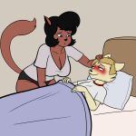  anonymous_artist anthro bed breasts catherine_york_(callmewritefag) cleavage clothed clothing domestic_cat dreamy_eyes duo felid feline felis female fever furniture hi_res humanoid ill low_cut_shirt male male/female mammal percy_lynxoln_(callmewritefag) pillow underwear 